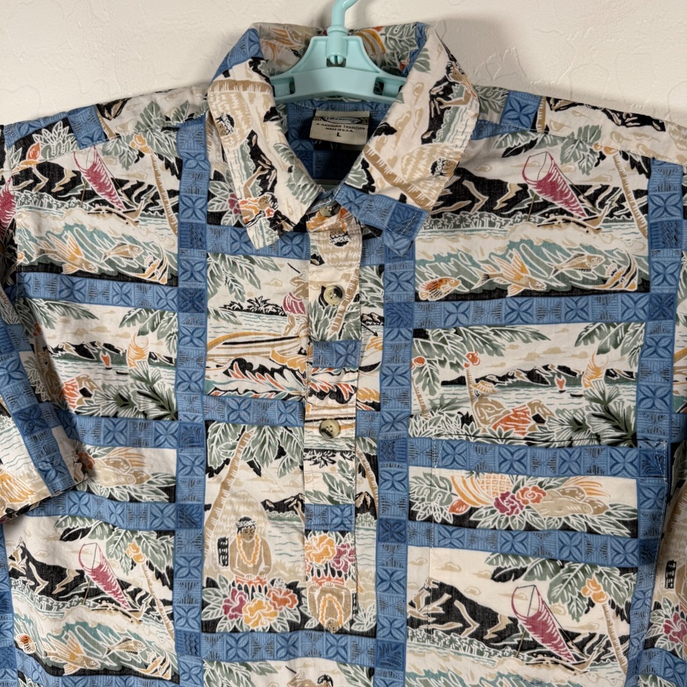 Go Barefoot Shirt Mens Large Blue Hawaiian Popover Camp Island Tropical Tribe - Picture 2 of 8
